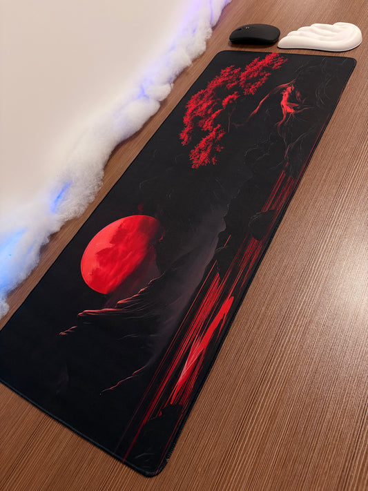 Tapis de bureau XXL Gamer “Red Moon Landscape” – Topographique (800×300 mm) Antidérapant