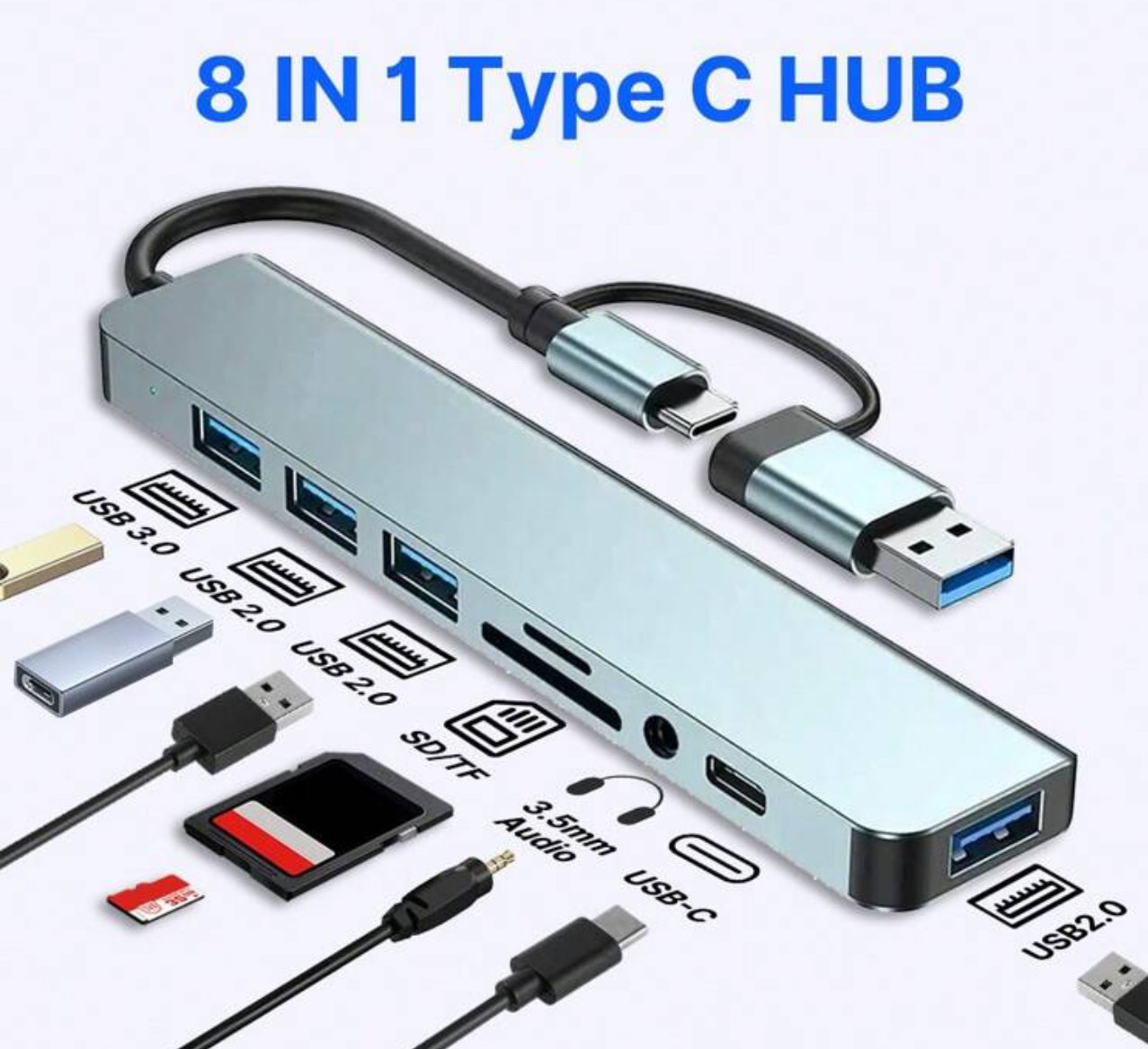 Hub USB-C 8-en-1 avec USB 3.0 - Super Speed 5Gbps, lecteur de cartes TF/SD, sortie audio